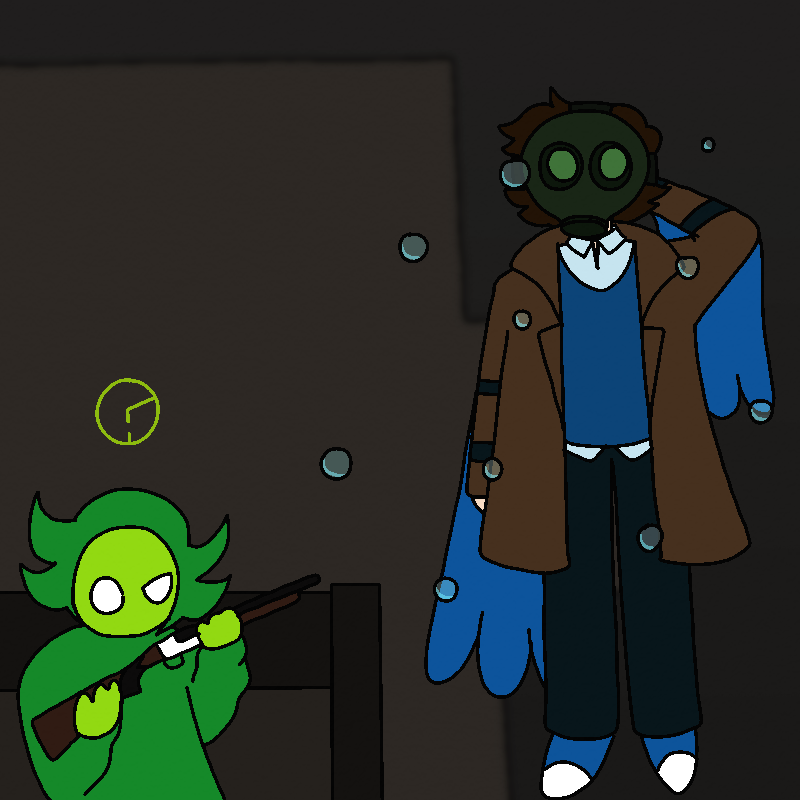 Roy floats in the air, rubbing the back of his head with one hand. The green imp inspects their shotgun with confusion, and bubbles are floating around Roy.
