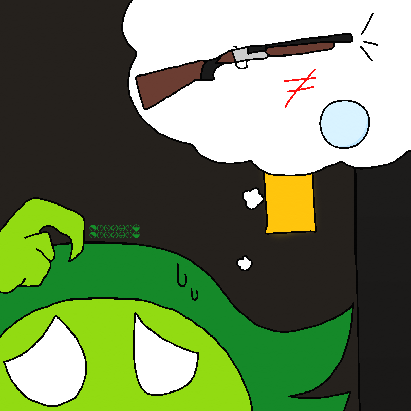 A close up of the green imp's face, in the bottom left corner. They're scratching their head and sweating. Above them is a thought bubble with the shotgun, a soap bubble, and a red equal sign crossed out.