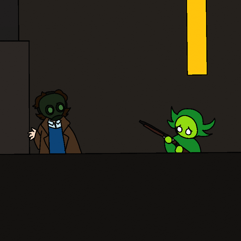 Roy stands on the rooftop and by the door, looking at the imp with one hand up. The green imp is still inspecting their shotgun.