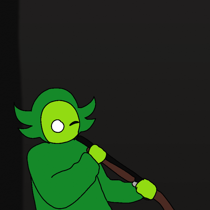 The green imp holds up the shotgun with the tip pointed towards them, peering down the barrel with one eye.