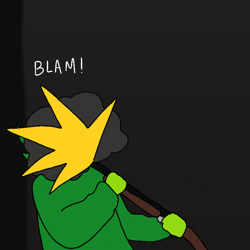 The same panel as before, but the shotgun blasts, covering the green imp's face.