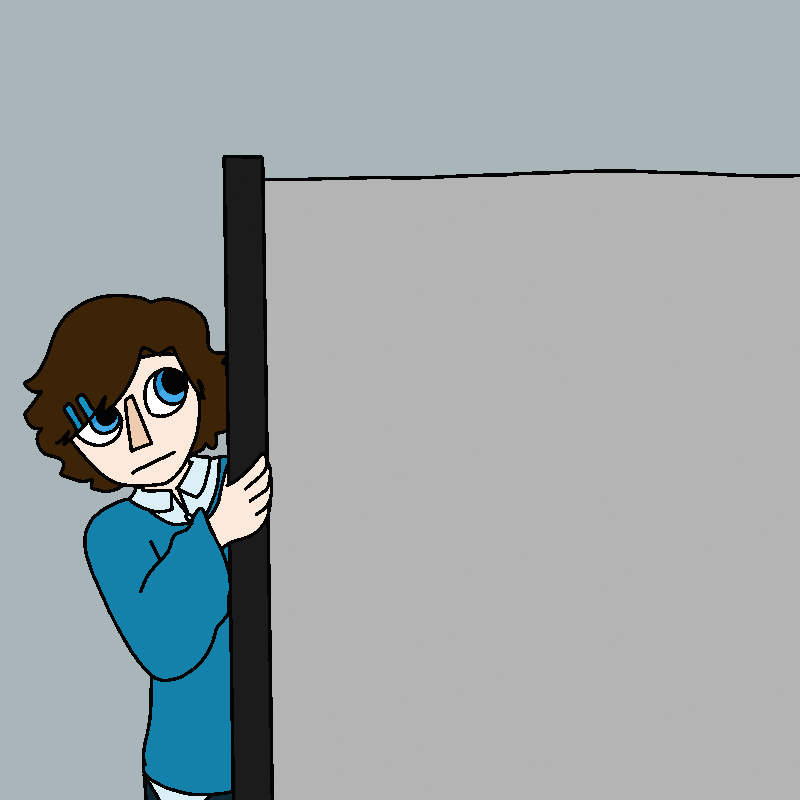 Roy peeks around the edge of a cubicle wall.