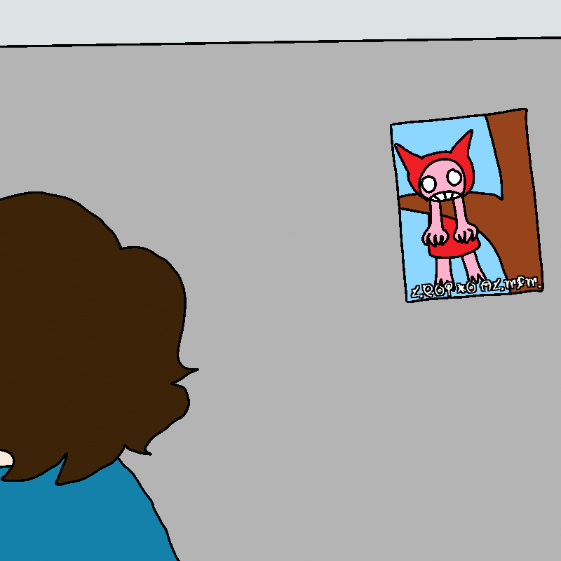The back of Roy's head is in the bottom left corner of the panel. A poster hangs on a cubicle wall that's a parody of the hang in there posters. Instead of a cat, there's a red and pink imp.