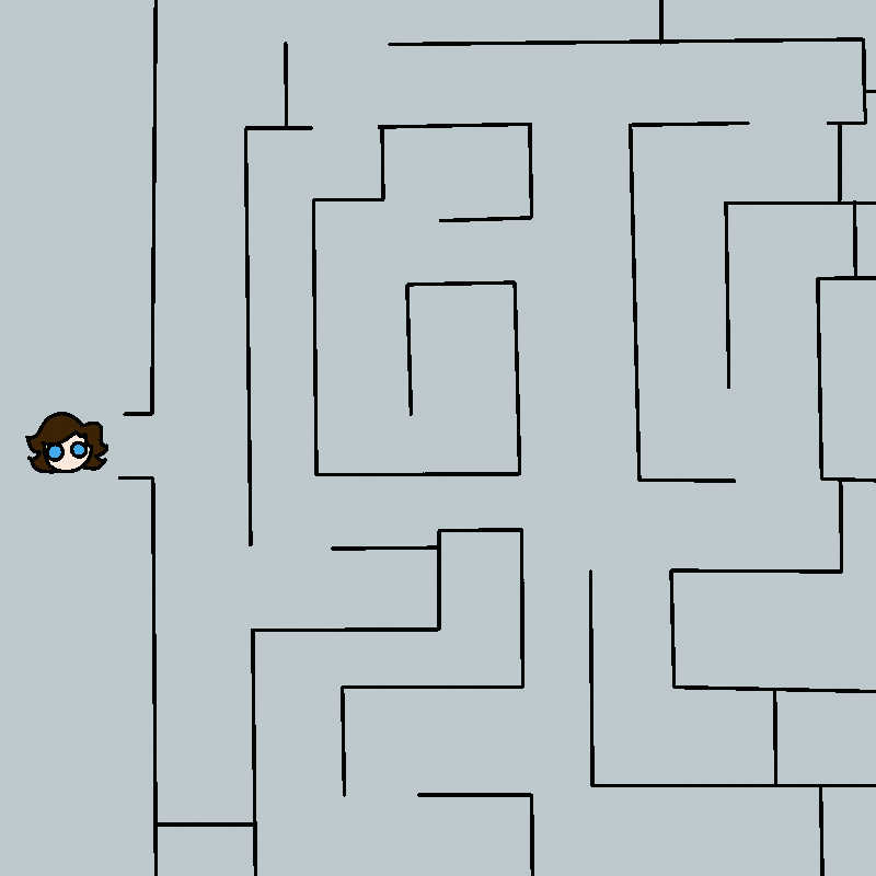 A simple diagram of an above-view of the maze. Roy stands at the entrance, and a blue line extends from him, testing different routes. All routes in the maze end in dead ends.