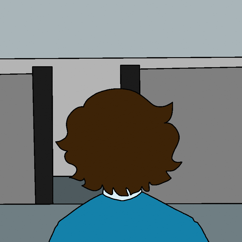 The back of Roy's head, as he looks at the entrance to the cubicle maze.