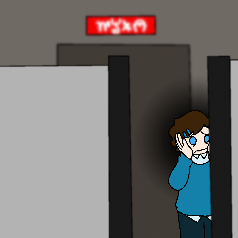 Roy's hands are on his face and he looks upset. Cubicle walls block off the sides of the panel, blurred from the distance. Behind him, the door he entered the room through is there, also blurred.