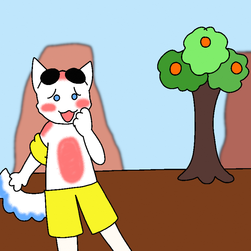 Dylan - a white cat villager with red sunburn marks on his cheeks and stomach, a fluffy blue-white tail, and blue eyes - stands next to Cherry's house, one paw at his mouth, looking nervous. Behind him, an orange tree can be seen.