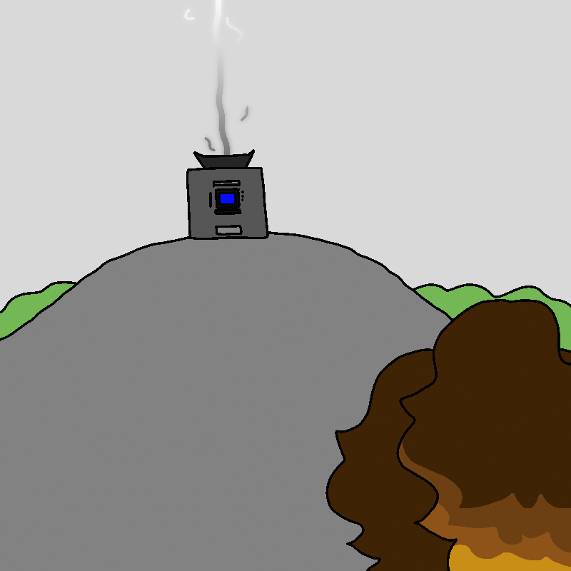 The machine that holds the Light sits at the top of a gray hill. Green trees surround the base of the hill. The Light beam emerging from the top of the machine fades into black at the bottom, and is shaky. The back of Cherry's head can be seen in the bottom right of the panel.