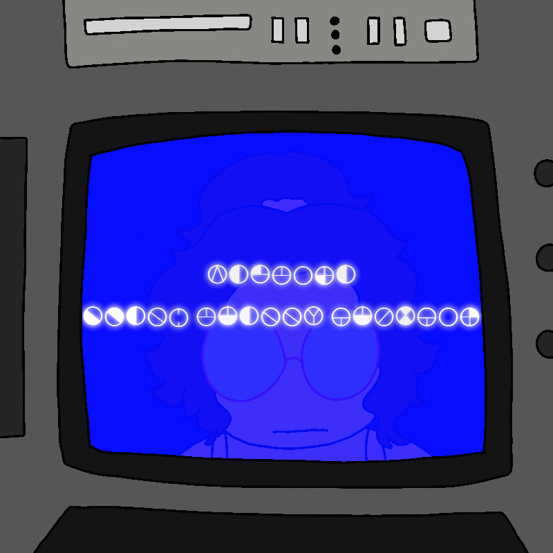 A close-up shot of the machine. The blue computer screen has white text on it in the circle language of the aliens, and Cherry's face can be seen reflected in the screen.