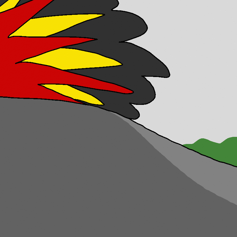 A large explosion happens on the top of the hill, slightly off-screen.