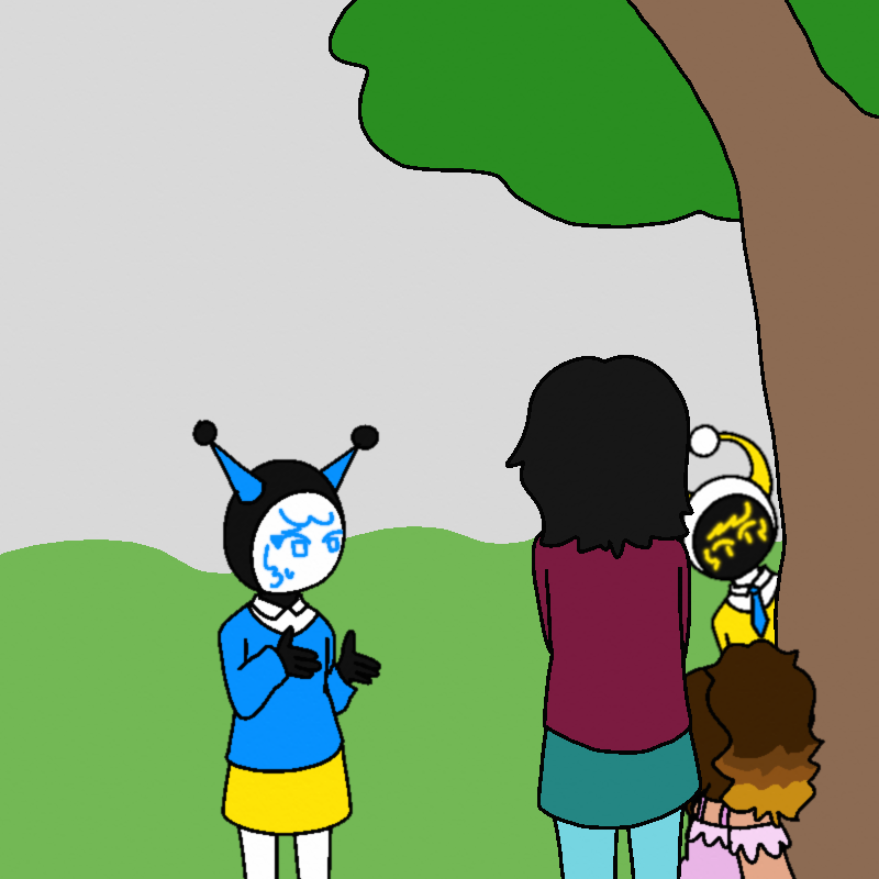 Yua, Olivia, and Albus stand around Cherry as mew sits at the base of the tree. Yua's back is to the camera, and Albus is on the other side of Cherry from Yua, looking down at mew. Olivia is talking, gesturing with their hands.
