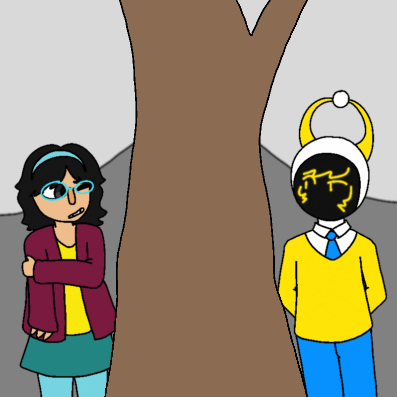 The back of the tree splits the panel down the middle. Yua stands on the left, rubbing her arm and grimacing. Albus stands on the right, their arms behind their back, their head tilted.