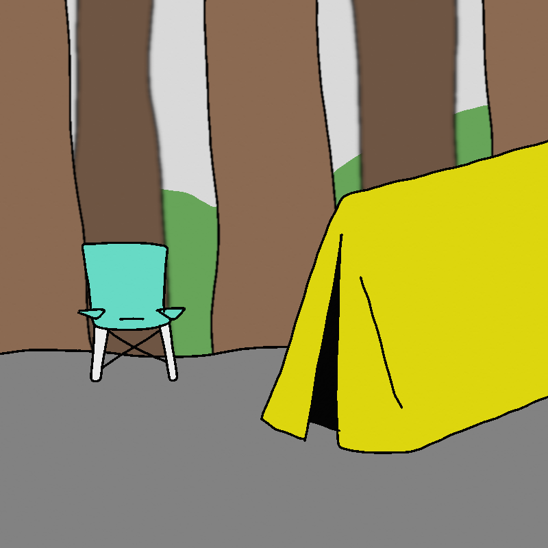 A yellow camping tent sits in a forested clearing. There's a teal outdoor chair sitting by the tent.