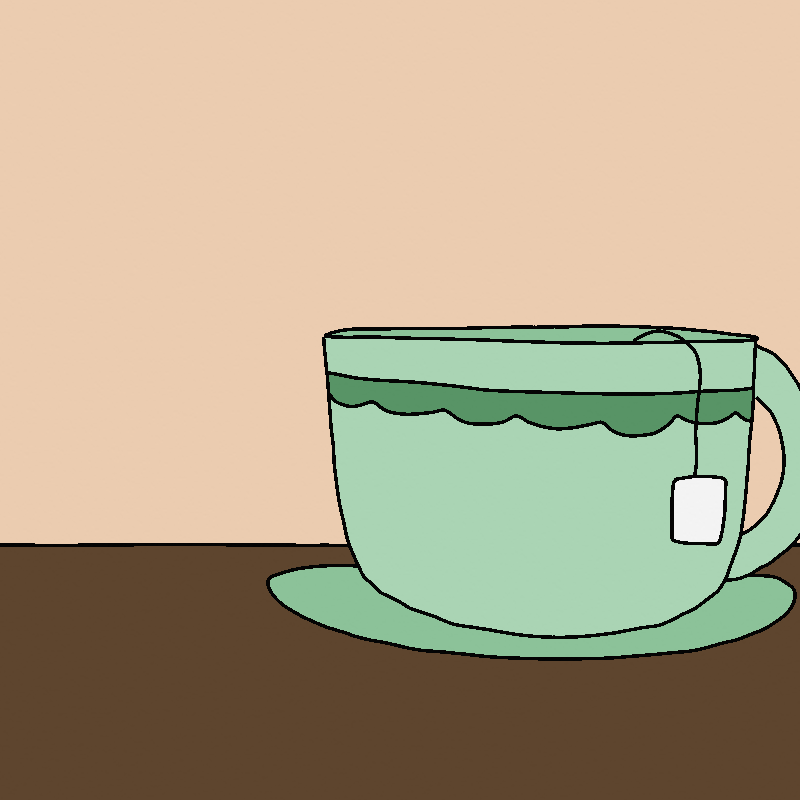 A close up shot of a cup of tea. The cup is green. The walls are a light tan color, and the table is a dark brown wood.