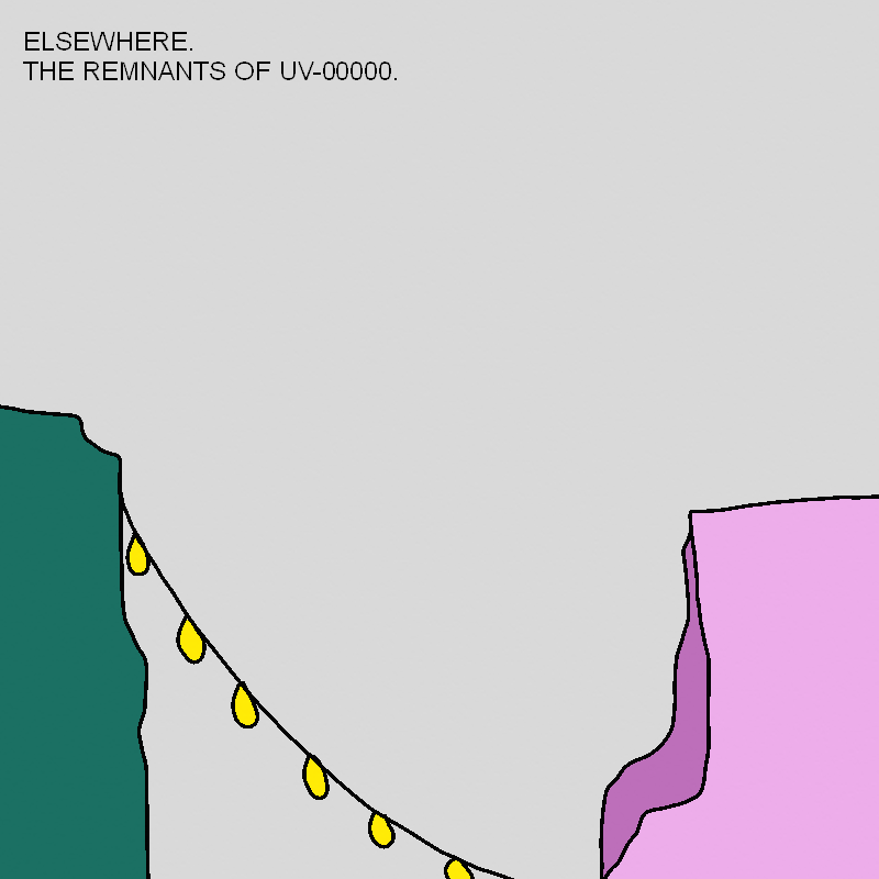 The sky is gray. There's the tops of colorful buildings visible at the bottom of the panel, with a string of lights hanging from them. Text in the top-left reads 'ELSEWHERE, THE REMNANTS OF UV-00000'.