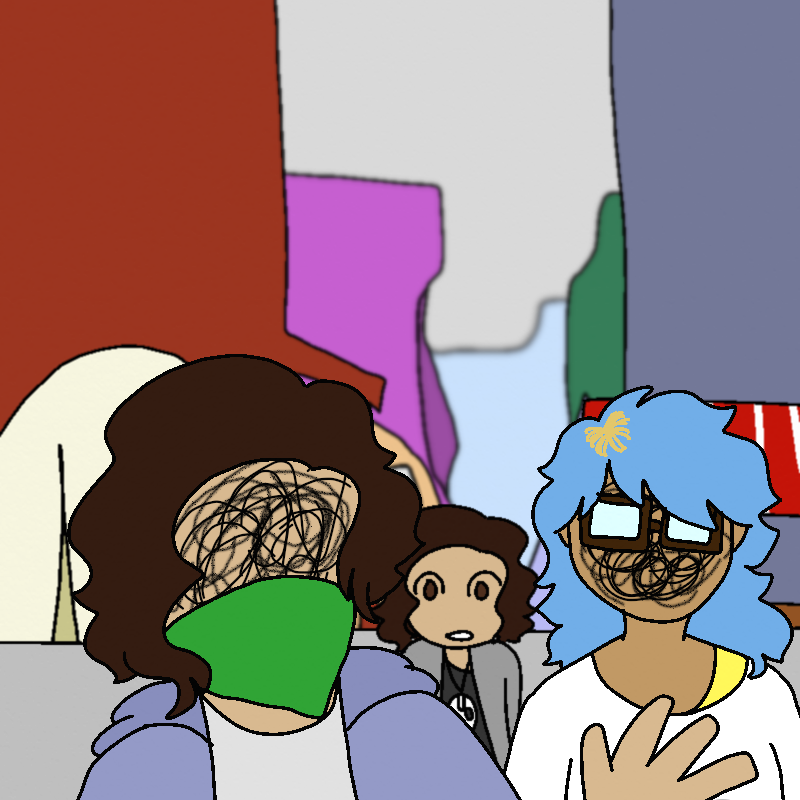 Pedro waves a hand. He has a green bandana covering half his face. Jenna walks behind him, looking towards him, and Mia trails behind the both of them. They're walking down a busy city street, though the state of the city is abysmal, with crumbling buildings and tents set up everywhere.