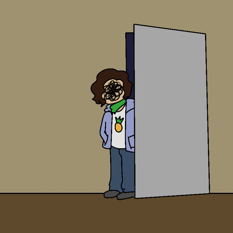 Pedro stands by the open door, hands in his jacket pockets. The walls are a dark beige color, and the floor is a deep brown.