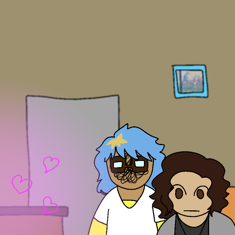 Jenna and Mia watch Pedro and Benji kiss. Both seem awkward and uncomfortable. Pink hearts come from the bottom left corner of the panel, the direction Pedro and Benji are.