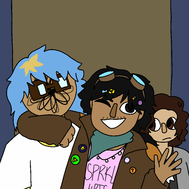 Benji intervenes, putting an arm around Jenna's shoulders. They're winking and smiling wide. Mia stands slightly back behind them, looking nervous.