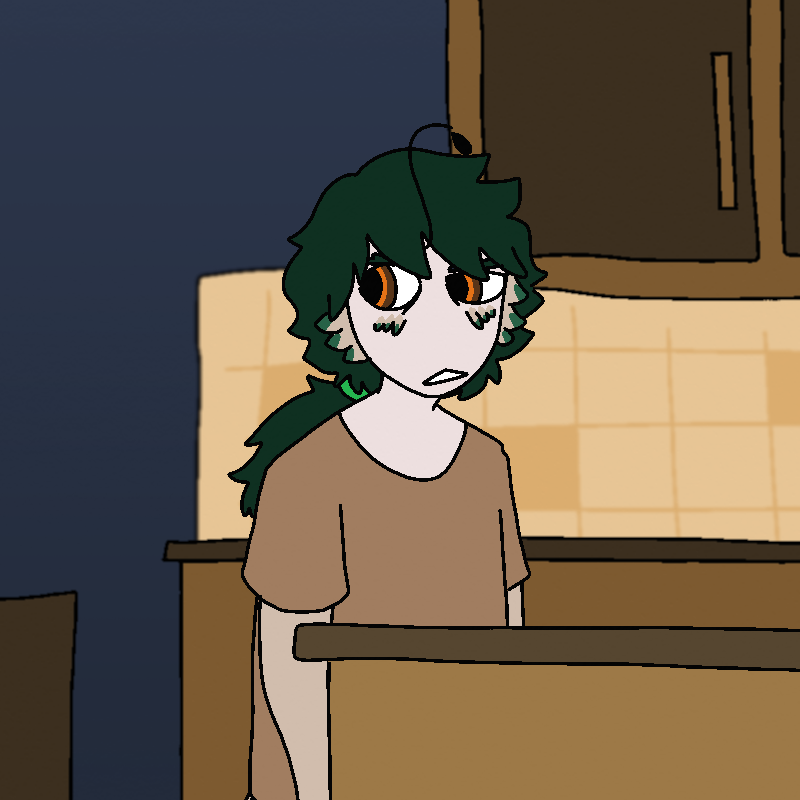 Lyss is stepping into a small kitchenette area, walking past an island towards a cabinet. Lee looks over lis shoulder slightly.