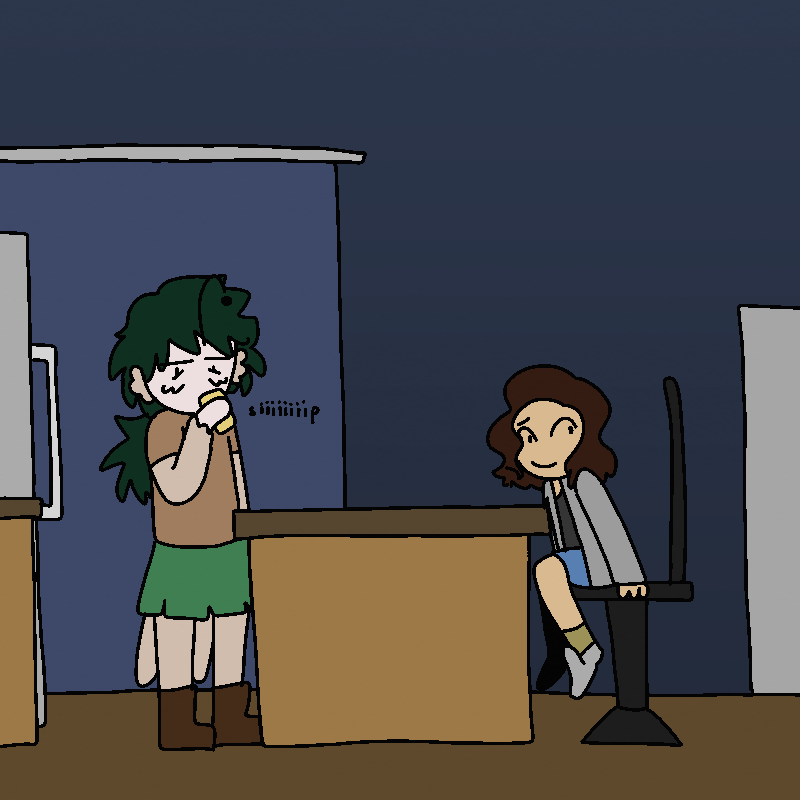 The same panel as before. Lyss continues drinking, and Mia looks around.