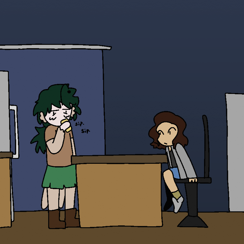 The same panel as before. Lyss takes a few more sips. Mia watches lim with a blank expression.