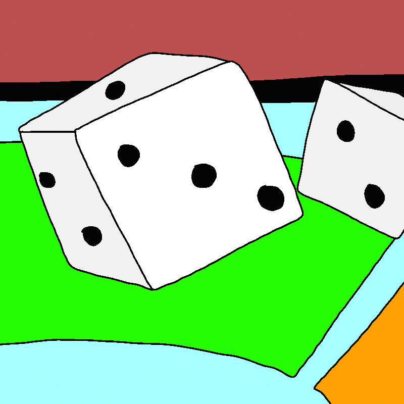 A couple of dice clatter on a colorful board.