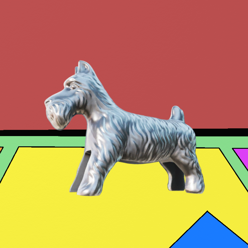 The scottie dog figurine sits on a colorful piece on the board game.
