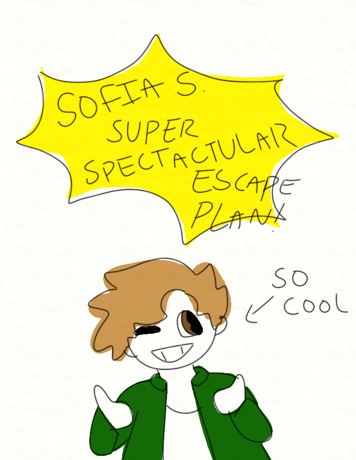 The texture of the panels change, with a crumpled paper feel to it. A simple drawing is on the panel, of Sofia in bud's own art style, smiling and winking with two thumbs ups. Above bud is a yellow explosion with the writing 'Sofia S. Super Spectactular Escape Plan', with Spectacular mispelled.