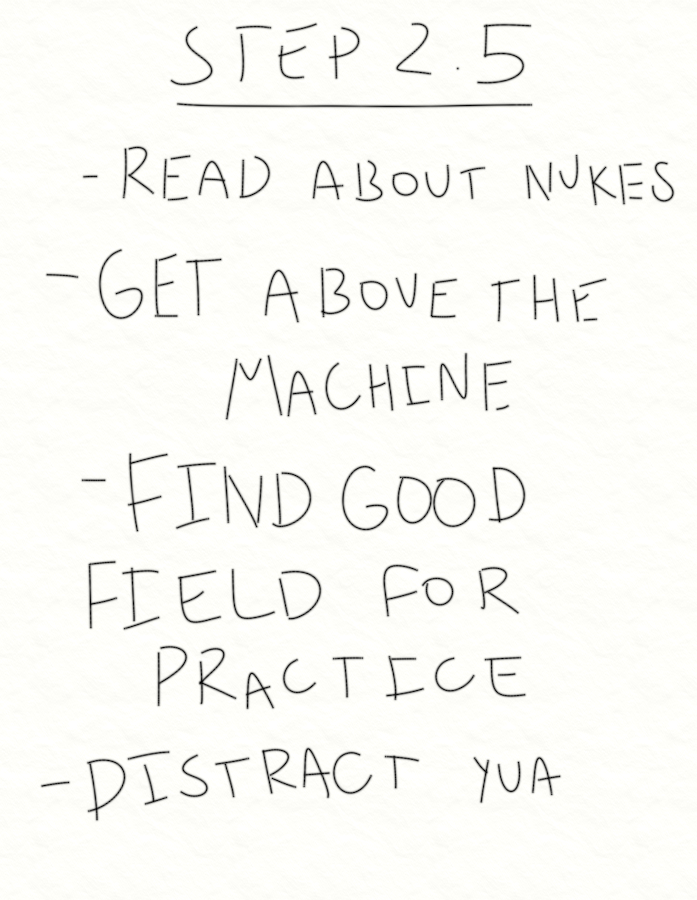 More of Sofia's zine. It reads: Step 2.5. There's a bullet list under it, that says: 1. Read about nukes. 2. Get above the machine. 3. Find good field for practice. 4. Distract Yua.