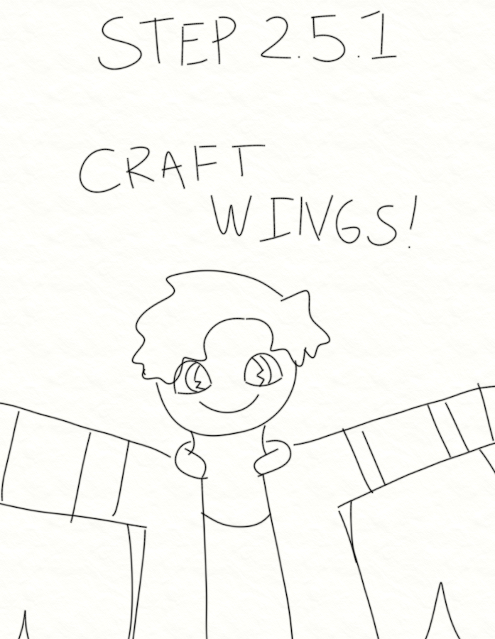A new page in Sofia's zine, labeled Step 2.5.1. There's a drawing of Sofia in bud's own style, with bud's arms spread, wings hanging off them and smiling. Writing above bud reads: Craft wings!