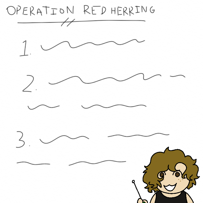 A simplified drawing of Sofia in the bottom right corner holds a pointer and smiles as bud talks. Behind bud is a page labeled 'Operation Red Herring', though the actual contents of the page is only squiggly lines.