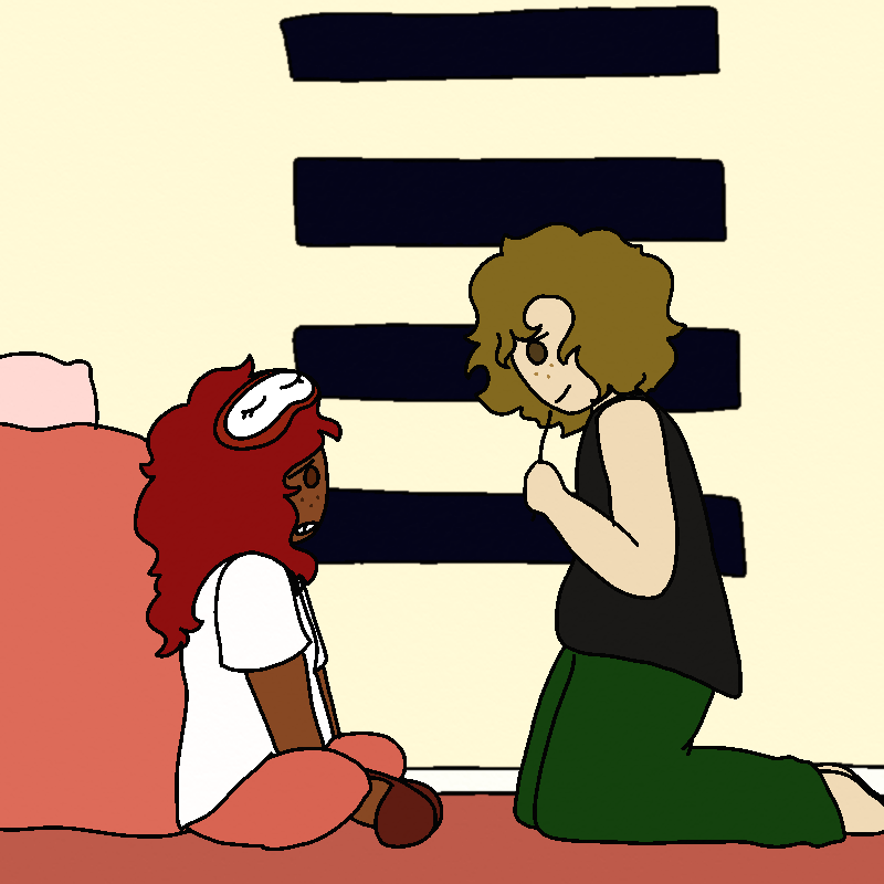 A side shot of Sofia, stood up on bud's knees, holding the zine. Amada rests her hands in her lap, grimacing back at Sofia.