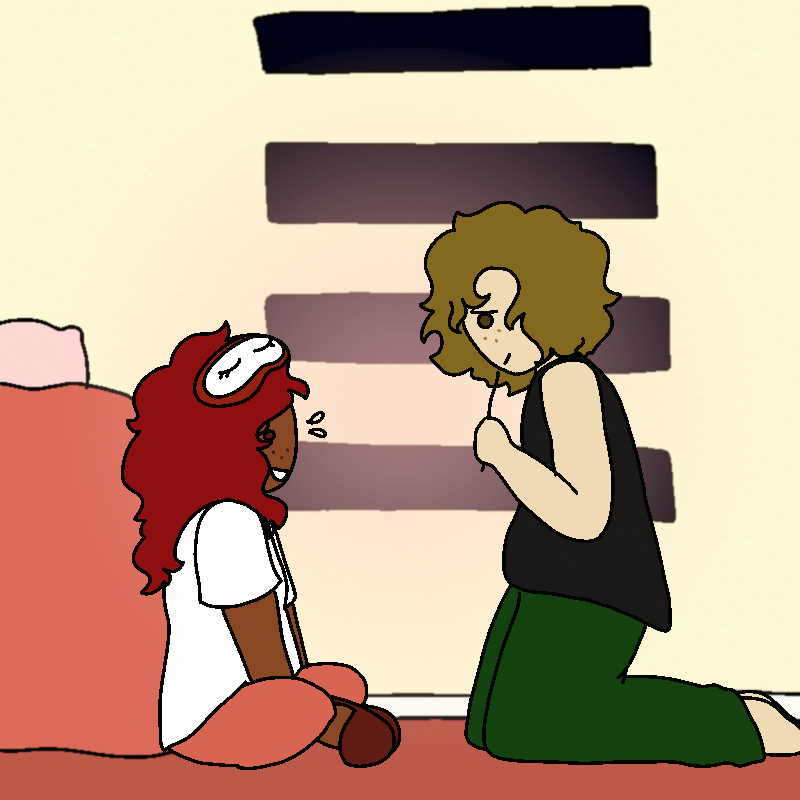 The same panel as before, but Amada looks sheepish, and Sofia frowns a little. A light pink blush appears on the background between the two.