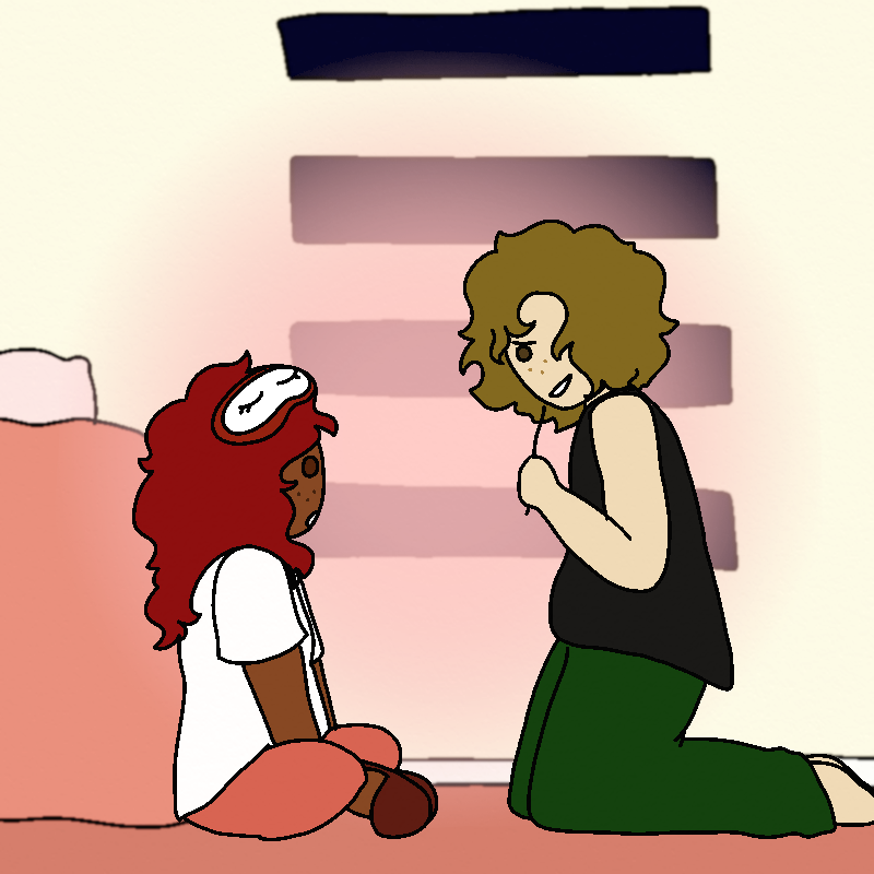 The same panel as before, but the light pink blush between the two has gotten bigger and brighter. Sofia's smiling a little as bud talks, and Amada pays attention to bud.
