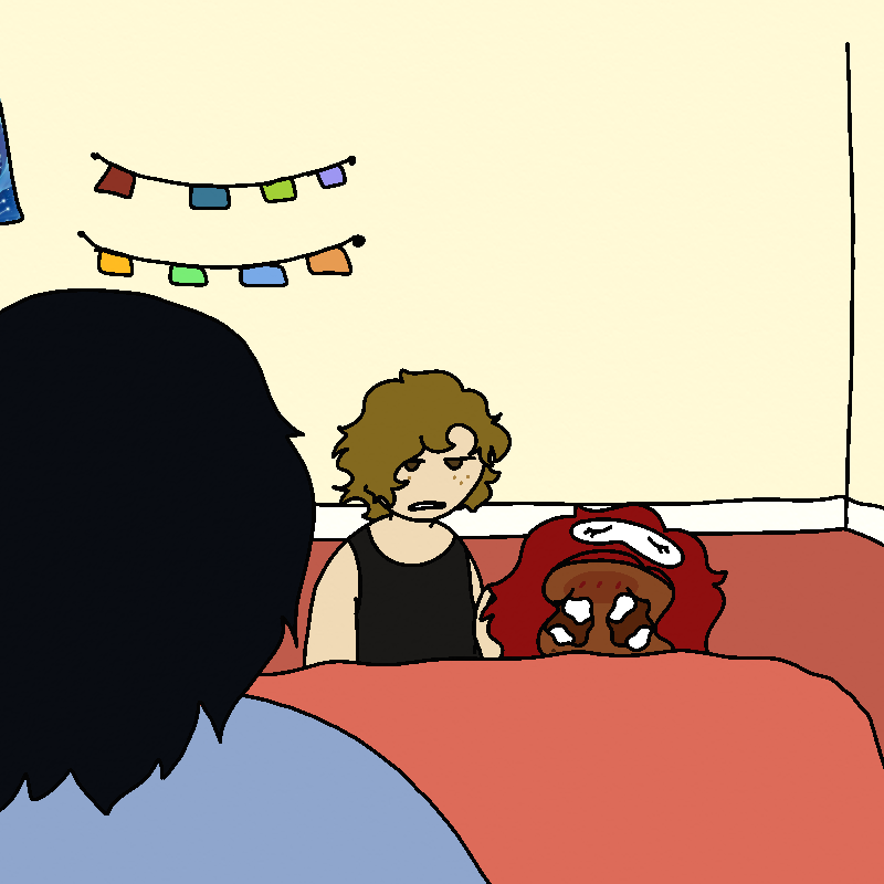 A shot from over Rhett's shoulder, which shows Amada peeking over the edge of the bed with big wet eyes, while Sofia frowns disapprovingly at him.