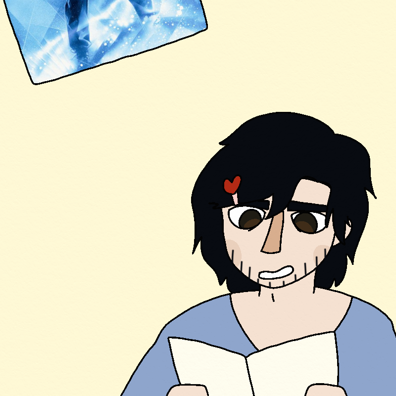 Rhett holds the zine in both hands as he frowns down at it.