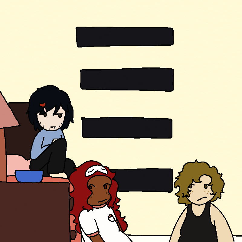 Rhett sits on the bed, frowning down at Sofia, who scowls back at him. Amada looks nervous.