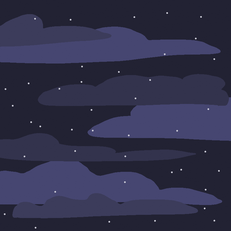 A shot of a dark night sky, clouded over. White specks of snow fall from them.