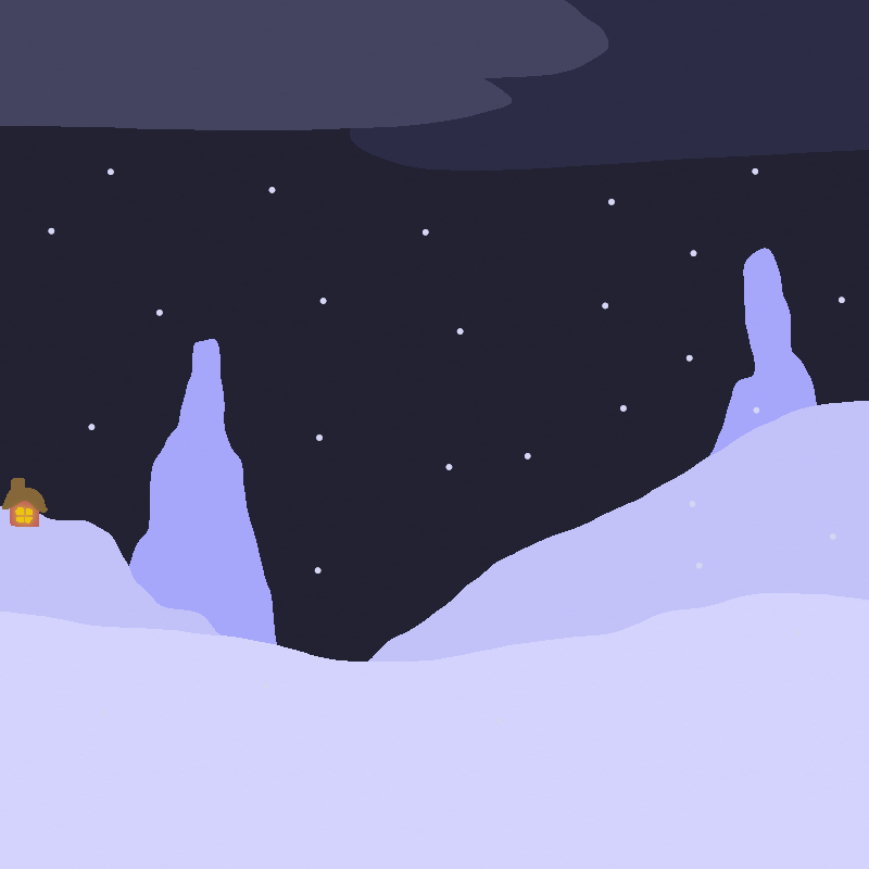 A nighttime winter scene, with piles of blue-hued snow and a house visible in the distance. Snow still falls from the sky.