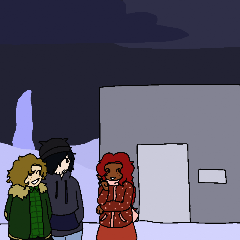Amada, Rhett, and Sofia stand outside of Amada's apartment in the snow, wearing their winter gear getup.