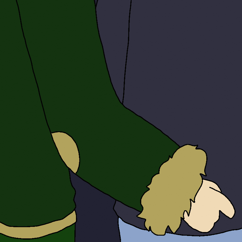 Sofia lifts bud's hand up behind Rhett's back.