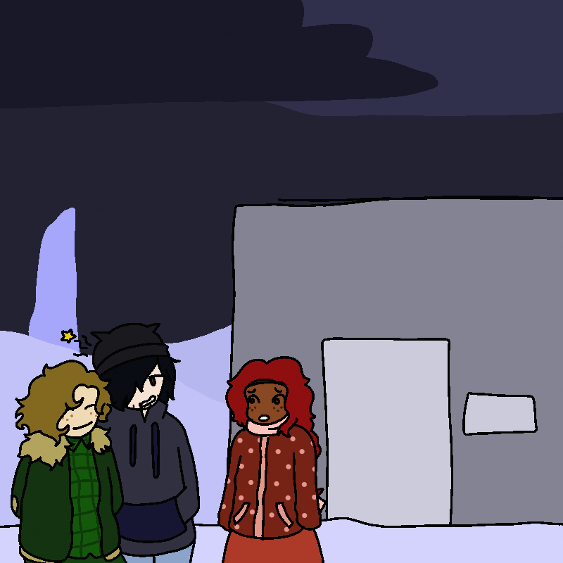 Amada, Sofia, and Rhett stood outside the apartment. Amada looks concerned, while Sofia smiles pleasantly, and Rhett looks to the side at bud with a scowl.
