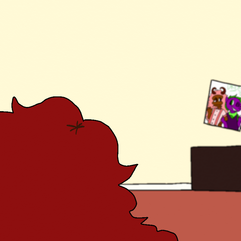 Amada's head is in the lower half of the frame, with the drawing of her and Sofia's characters on the wall in the background, blurred.