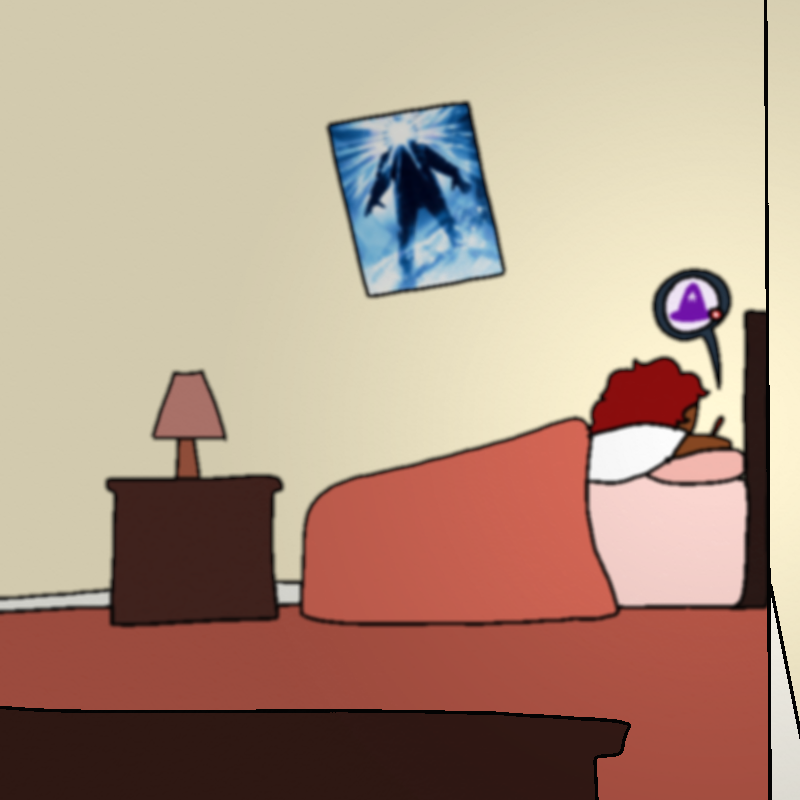 Amada's visible in the background, lying on her stomach on her bed, looking at her phone.