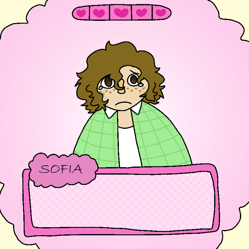 Sofia looks teary eyed, frowning dramatically. Above bud's head, the bar full of hearts rattles and breaks every heart in it, one by one.