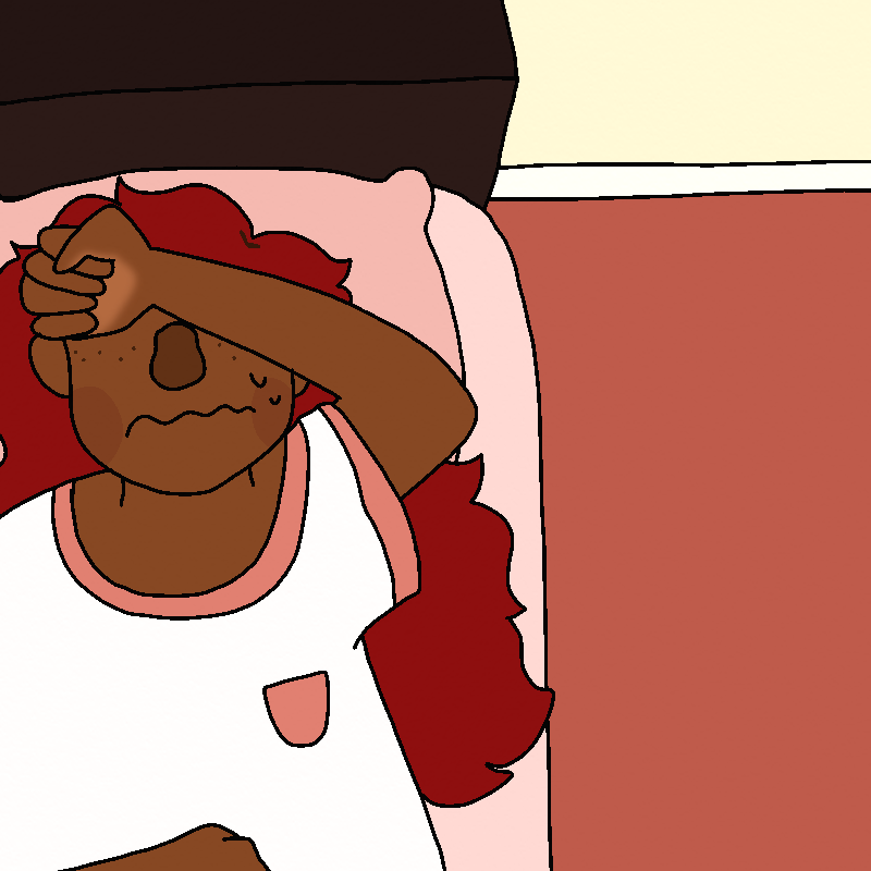 Amada lies on her back on her bed, covering her eyes with an arm, the other hand resting on top of her stomach. She's frowning very nervously, and sweating.