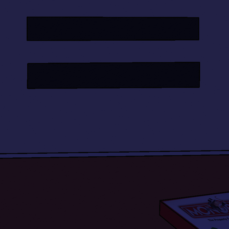 A darkened shot of Amada's lower two windows, the floor, and a Monopoly game board, visible in the corner.