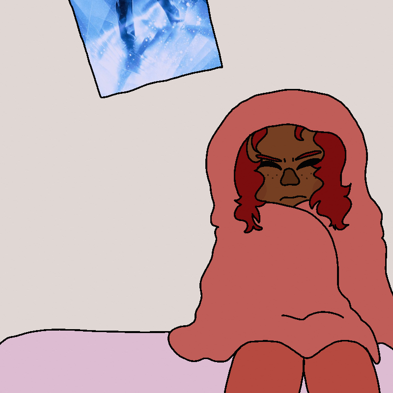 Amada sits up in bed, shuddering with an unpleasant frown on her face, eyes shut. She's wrapped in her blanket.