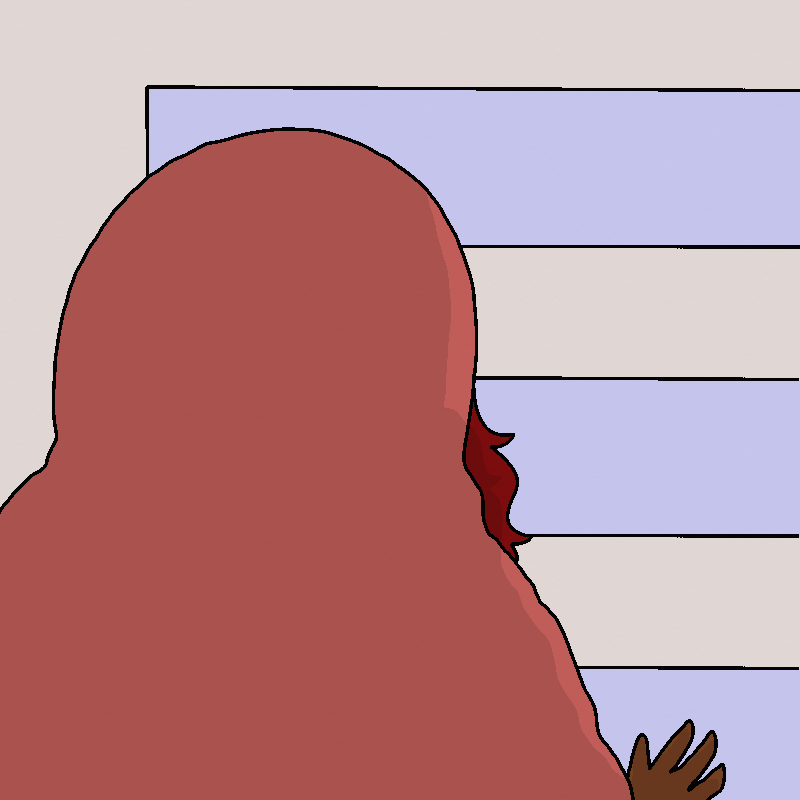 Amada, still wrapped in the blanket, peers out the windows. Her back is in shadows, one hand resting on the glass.